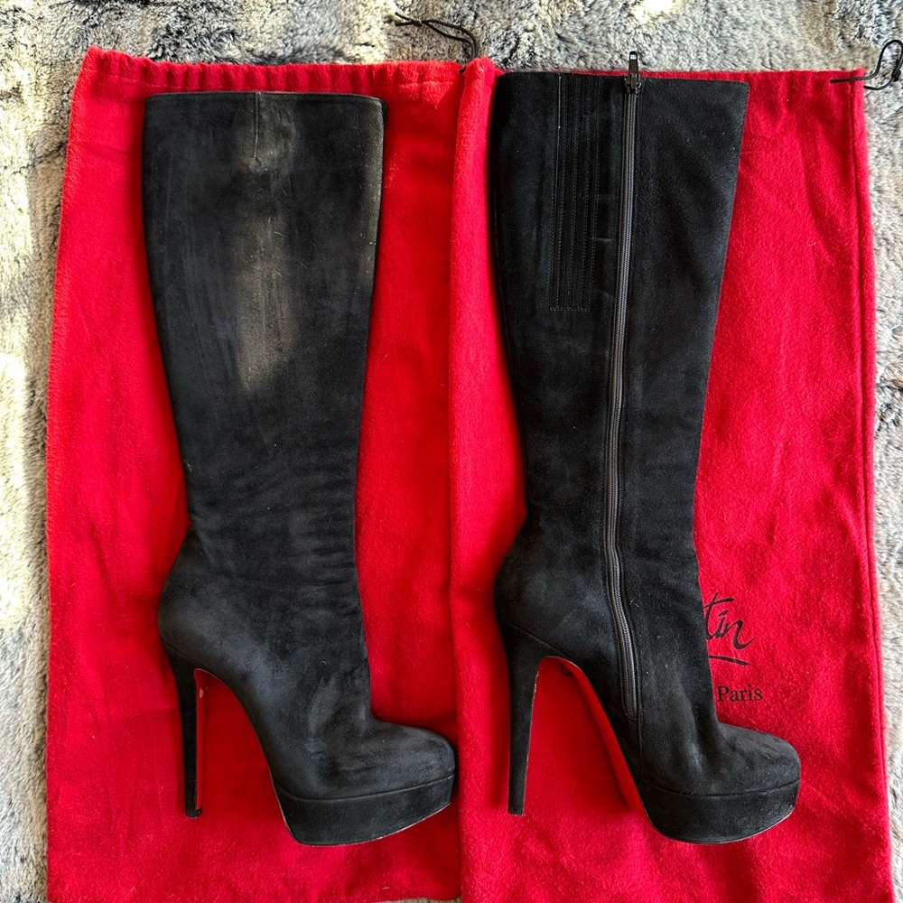Christian louboutin Black Suede Knee Platform Boots. Size 36.5